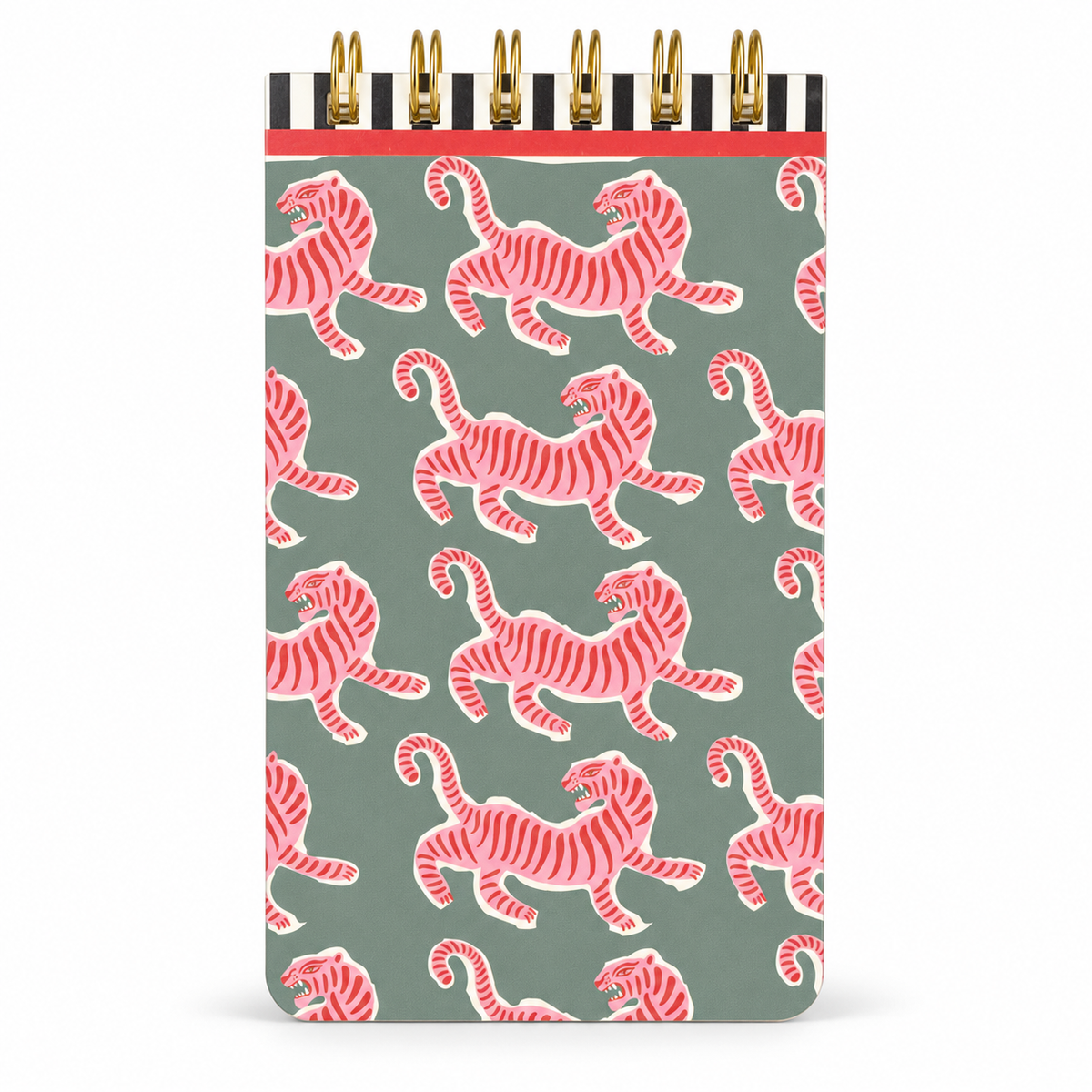 Cuaderno de anillas doradas con tigres rosas sobre fondo verde, foto de estudio