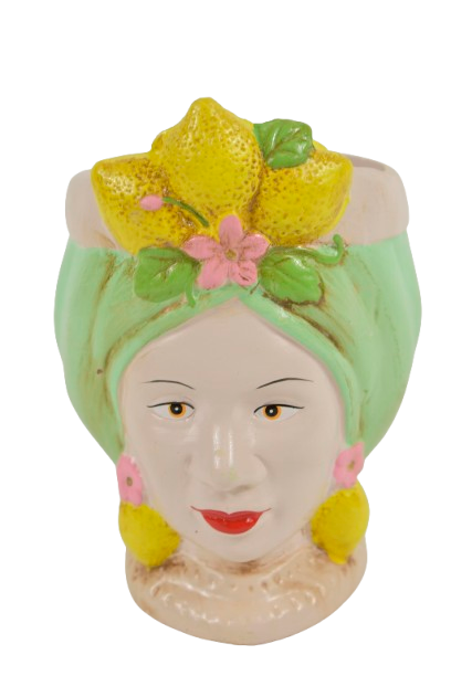 Mini Macetero Cabeza Mujer Turbante Verde Grande