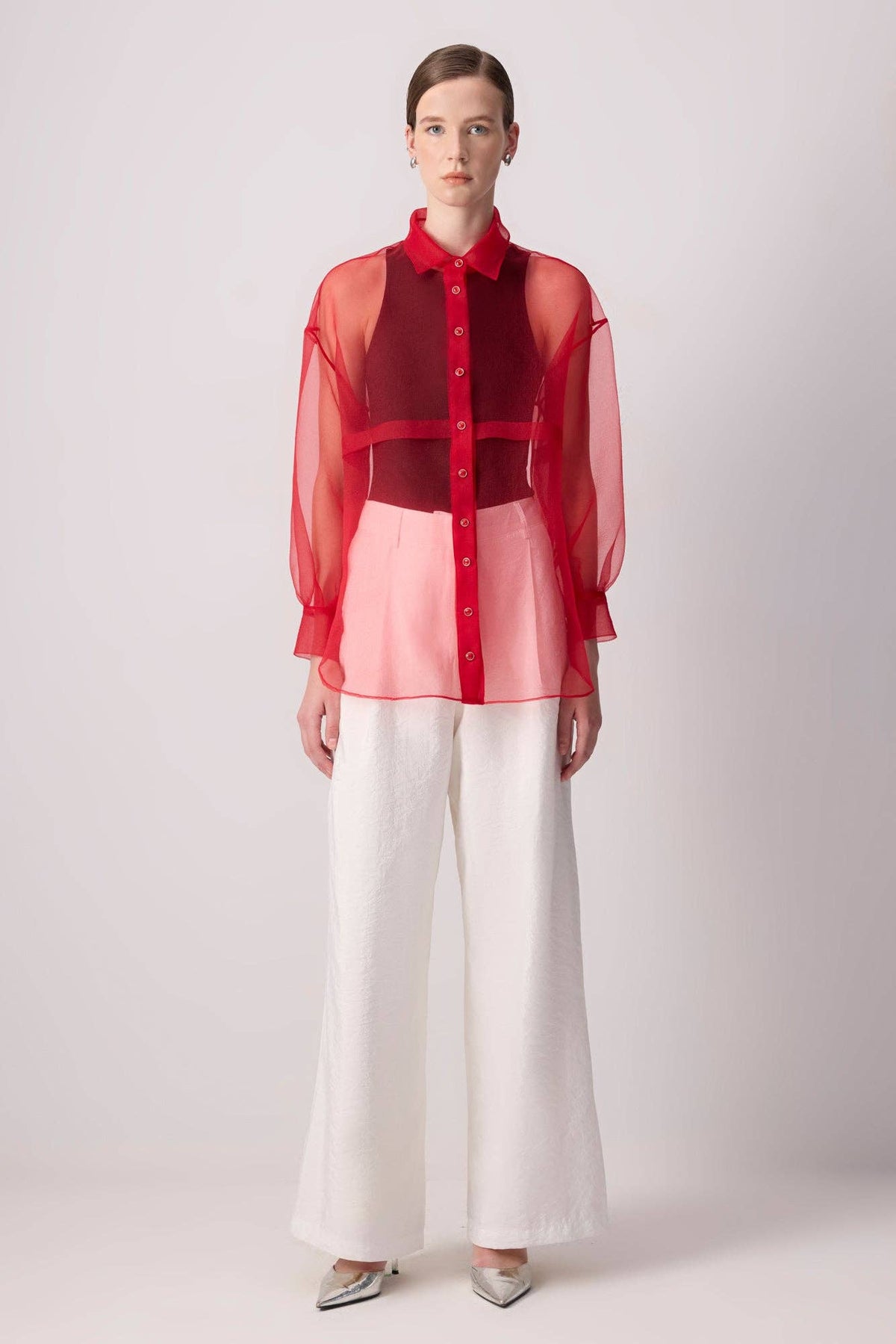 Camisa de Organza Roja con Botones