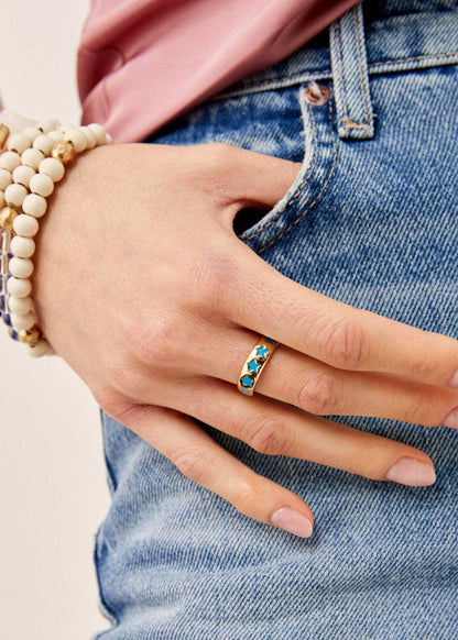 Anillo Ajustable Estrellas Grandes Esmaltado Azul Turquesa