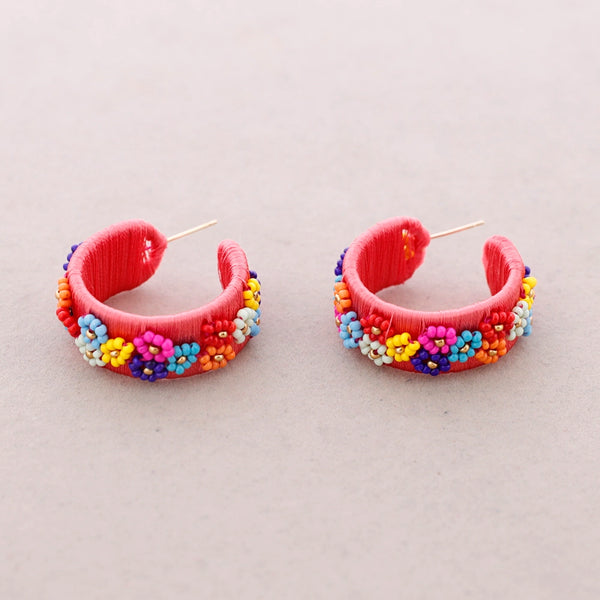 Pendientes Hilo Flores Cuentas Rosa Coral