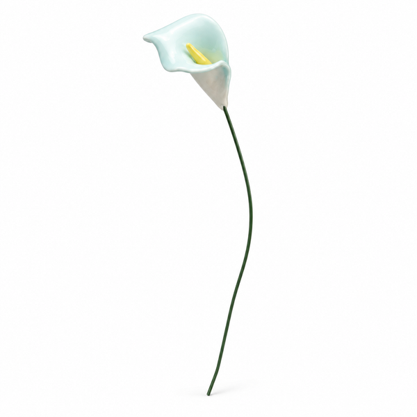 Flor de cerámica cala azul claro con centro amarillo y tallo verde sobre fondo blanco