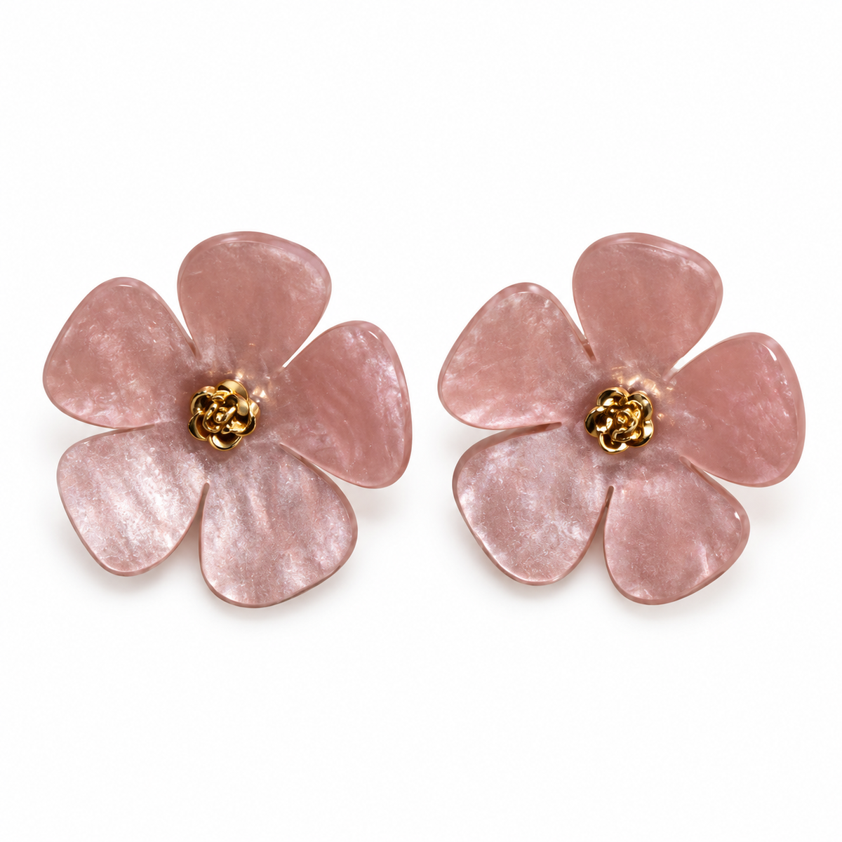Par de pendientes flor nácar rosa con centro dorado