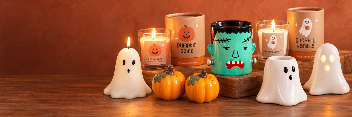 Display Halloween de La Nabe con velas, fantasmas, quemador Frankenstein y saleros de calabaza