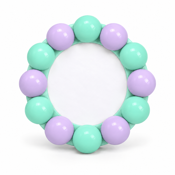 Marco redondo burbujas verde morado — estudio fondo blanco