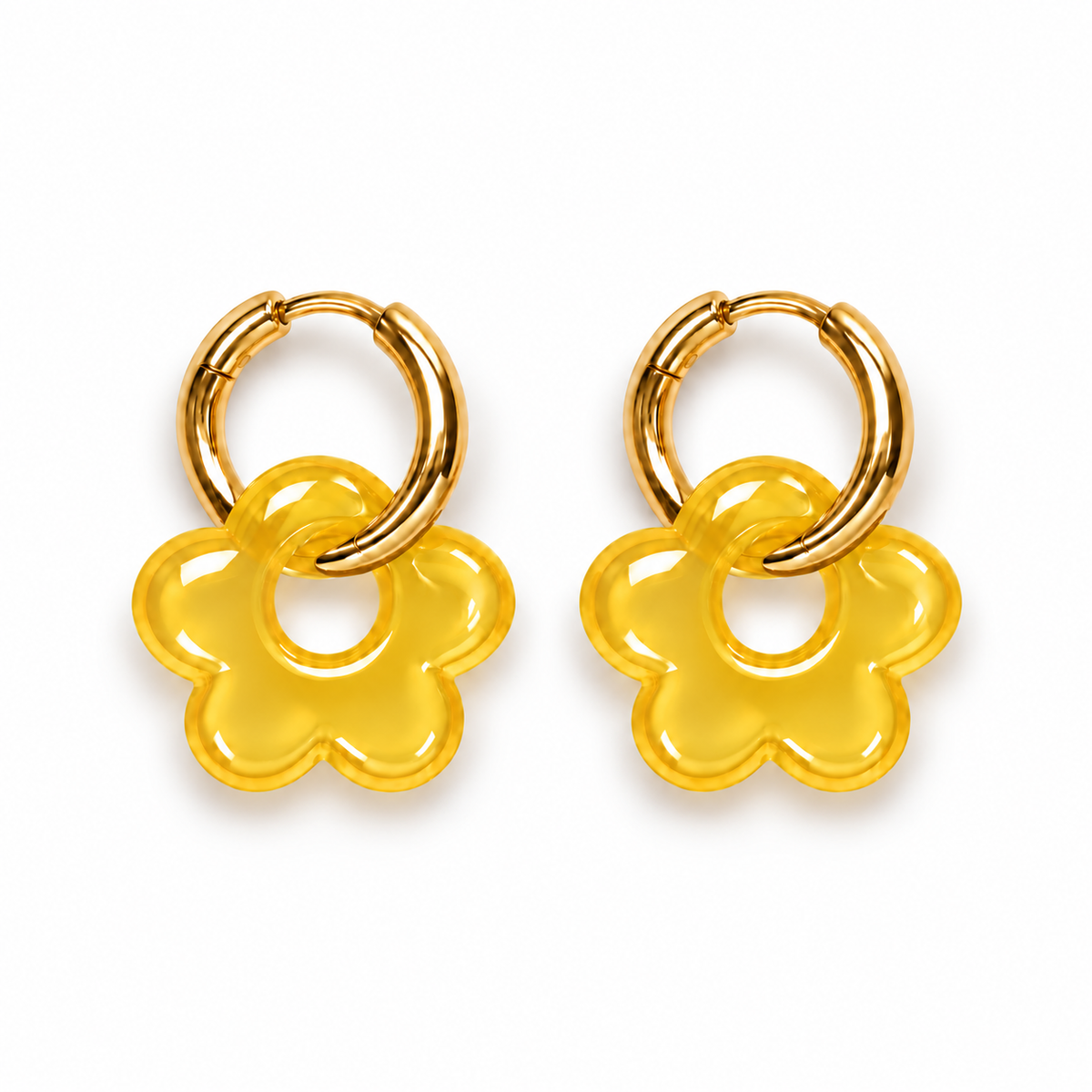 Mini pendientes de aro dorado con flor de resina amarillo