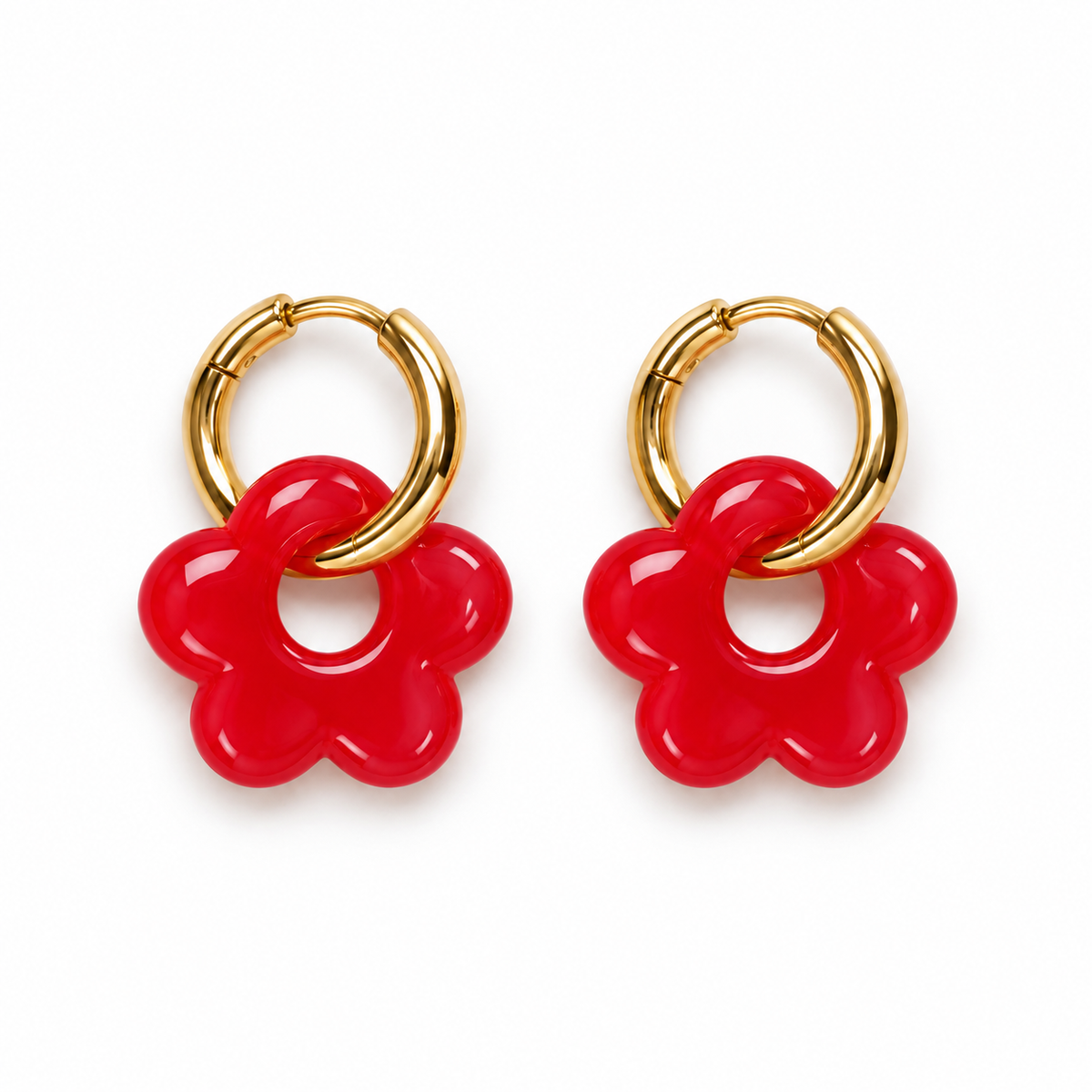 Mini pendientes de aro dorado con flor de resina rojo