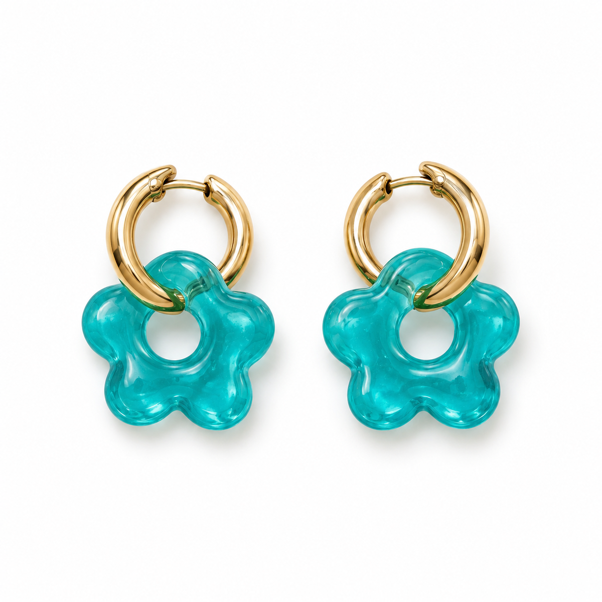 Mini pendientes de aro dorado con flor de resina turquesa