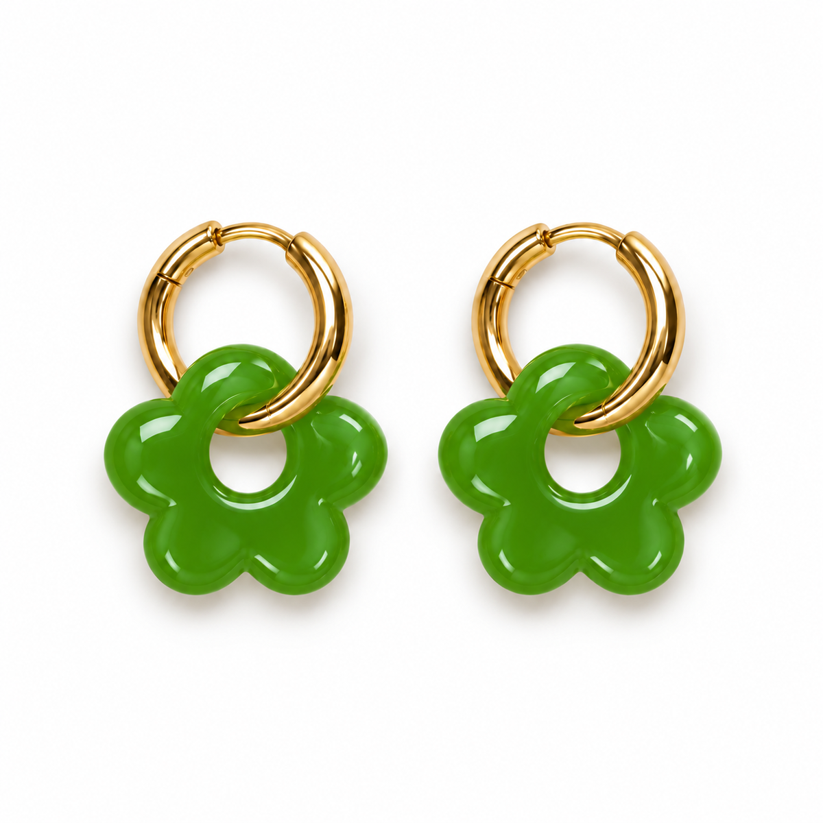 Mini pendientes de aro dorado con flor de resina verde