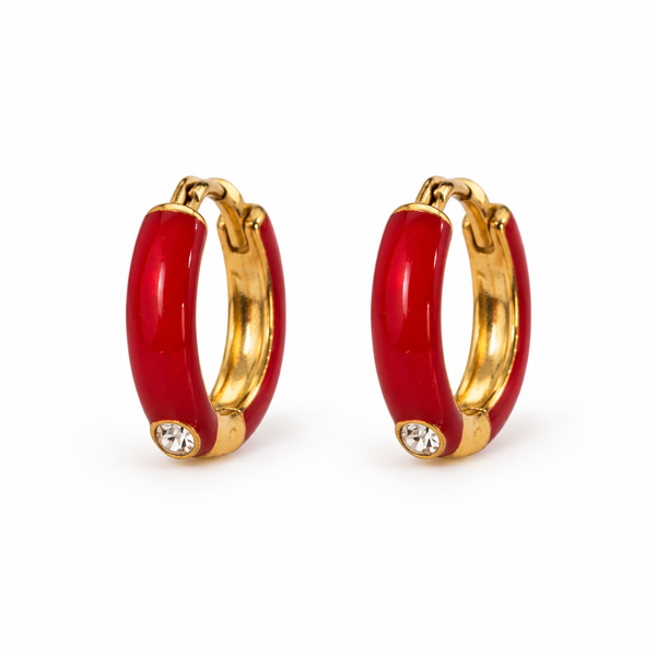 Pendientes Aro Rojo Esmalte con Brillante — par sobre fondo blanco