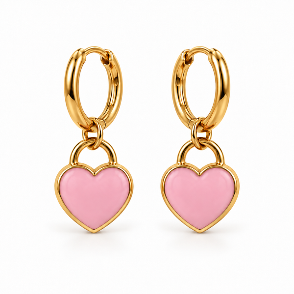 Mini Pendientes Candado Corazón Rosa — par sobre fondo blanco