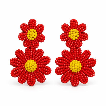 Pendientes Doble Flor Cuentas Rojo Y Amarillo