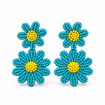 Pendientes Doble Flor Cuentas Rojo Y Amarillo