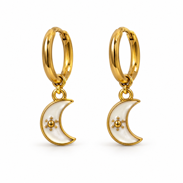 Mini Pendientes Aro Luna Blanca — par sobre fondo blanco