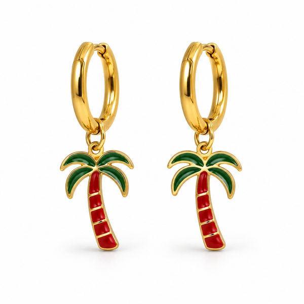 Mini Pendientes Aro Palmera Esmalte — par sobre fondo blanco