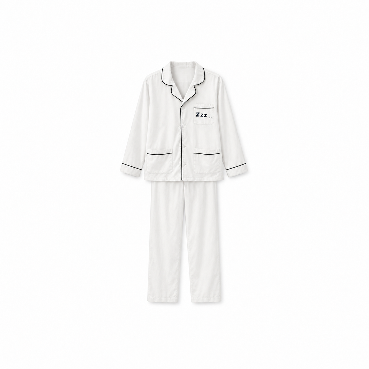 Pijama blanco de hombre con ribetes negros y bordado Zzz, camisa y pantalón