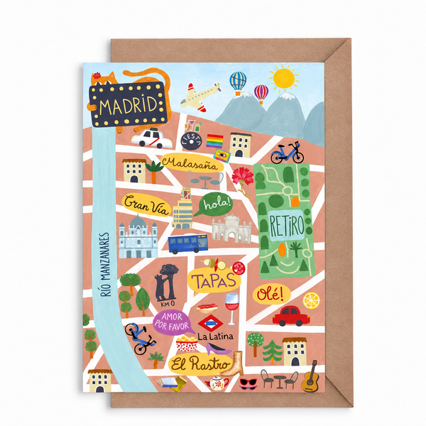 Postal Madrid mapa con sobre kraft sobre fondo blanco