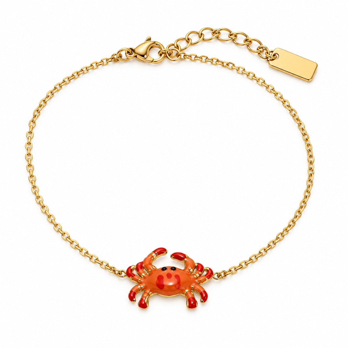 Pulsera dorada con cangrejo esmaltado naranja y rojo sobre fondo blanco