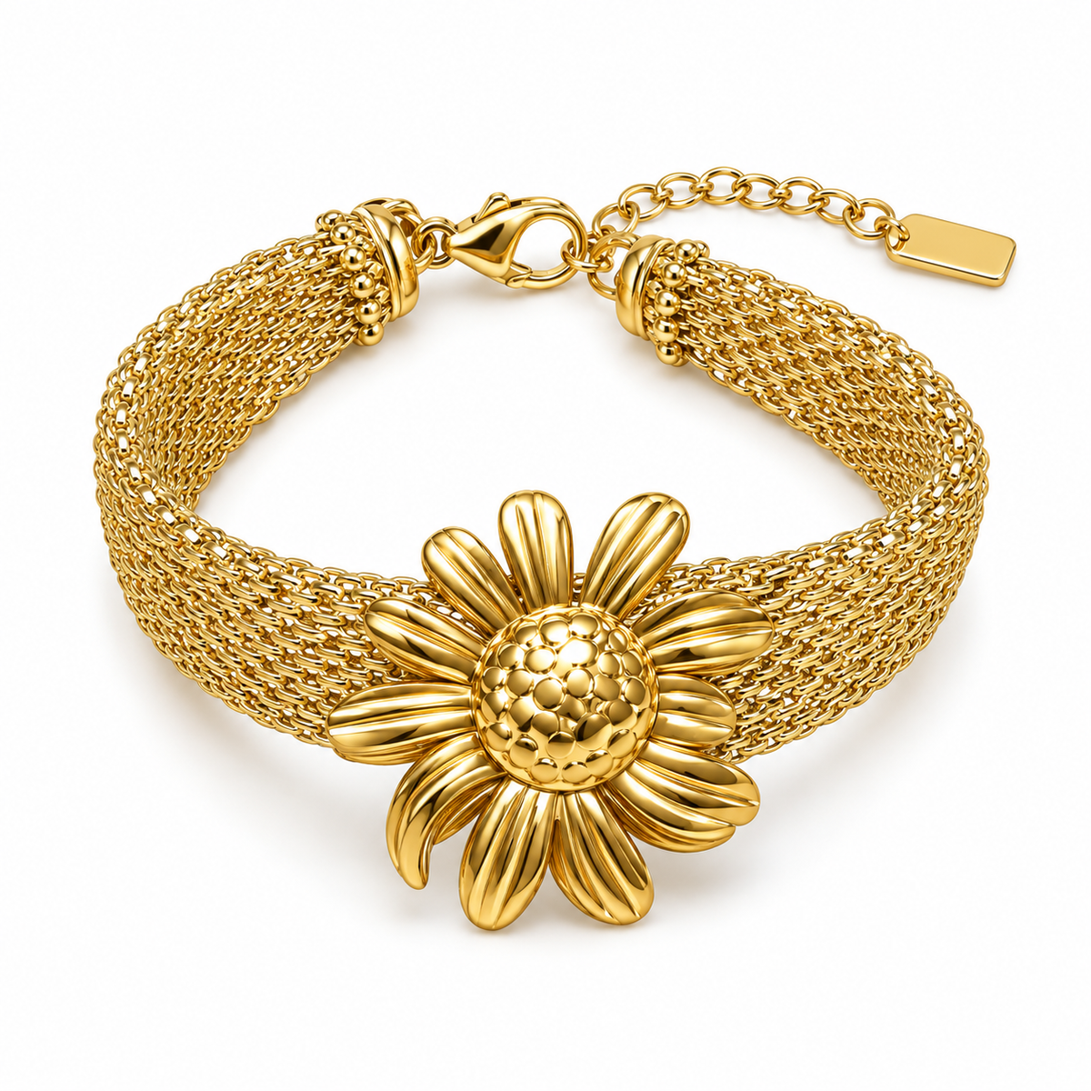 Pulsera de malla dorada con girasol sobre fondo blanco