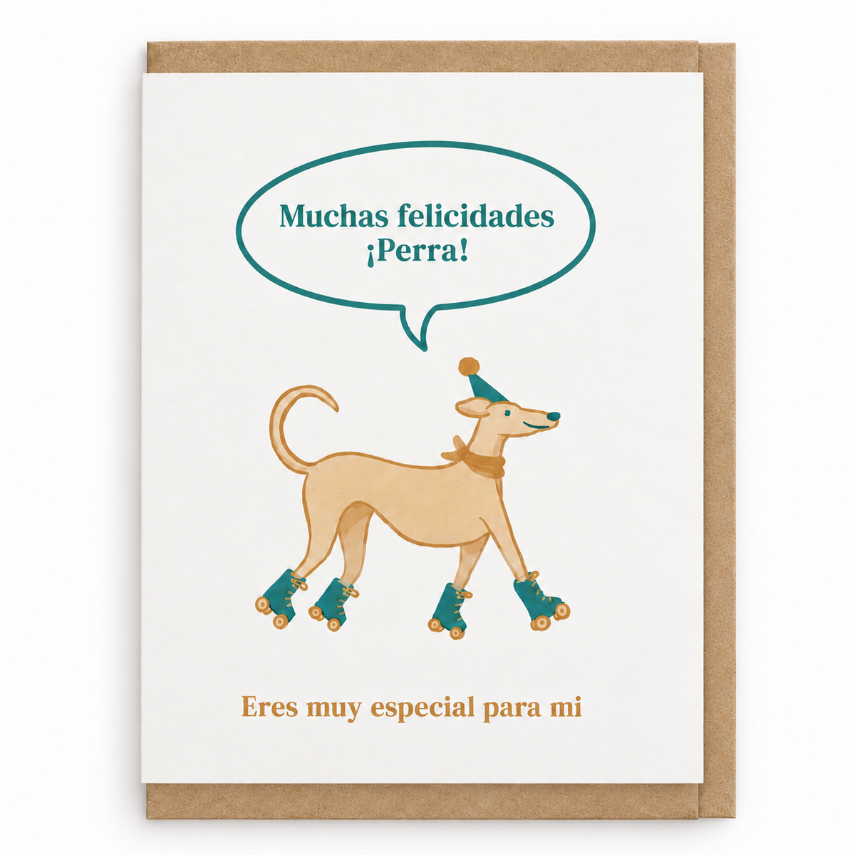 Tarjeta Muchas felicidades perra con sobre kraft