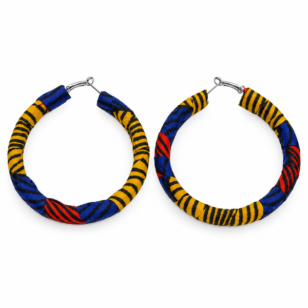 Pendientes Tela Wax Africana Redondo Mostaza y Azul y Rojo