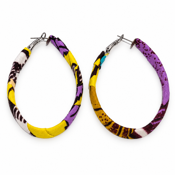 Pendientes Tela Wax Africana Ovalado Amarillo Morado y Marrón